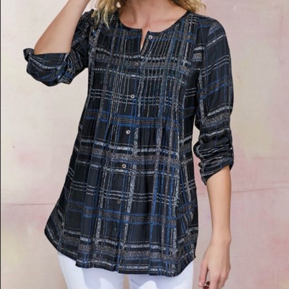 Soft Surroundings Campania blue plaid beaded tunic size 1X